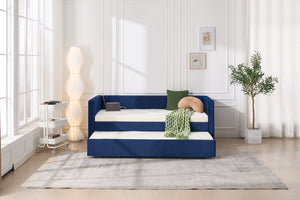 English Elm Twin Velvet Upholstered Daybed with Trundle, V-Pattern Backrest, USB Port, Side Pockets, Sturdy Design Navy W1361S00044