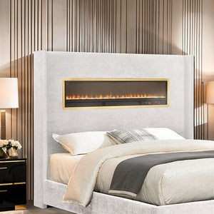 English Elm Contemporary Queen Platform Bed Upholstered Fabric with Fireplace Headboard and Bluetooth Audio White B2741P439943