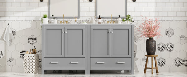 English Elm 60" Grey Bathroom Vanity Set with Double Sinks, Solid Wood, Soft-Close Doors, Divided Drawers & Storage Shelves for Spacious Modern Baths N729P000001E