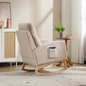 English Elm Modern Upholstered Glider Rocker with Teddy Fabric High Back and Rubberwood Base Beige W3723P409073