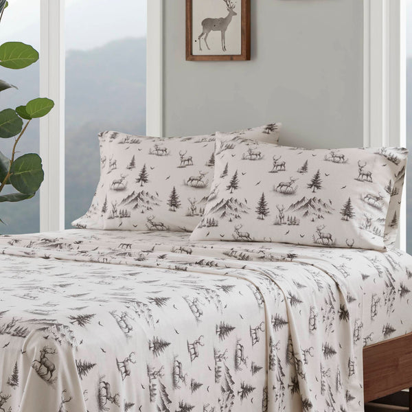 English Elm 4 Pcs Queen Sheet Set - Cozy Gray Deer Toile Cotton Flannel For Rustic Elegance & Comfort B035P319773