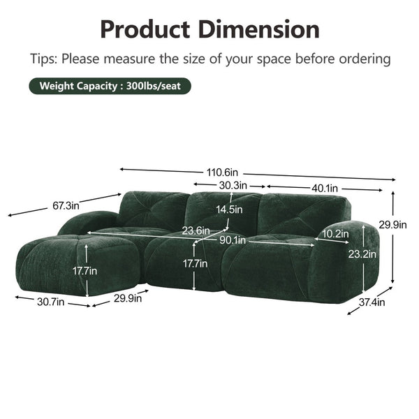 English Elm L-shaped Velvet Sectional Sofa Tufted Modular Seating with Ottoman for Living Room Green W714S01603