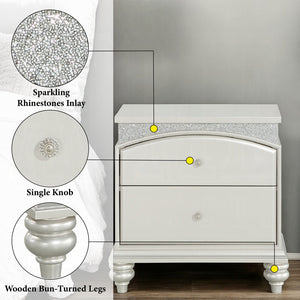 English Elm Platinum Glam Nightstand with 2 Drawers, Rhinestone Inlay, Arched Top Drawer & Bun Legs, 28" W B2741P322566