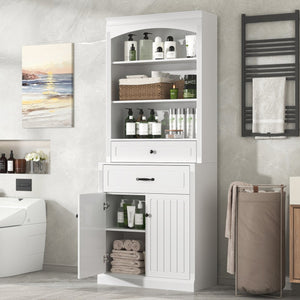 English Elm White Bathroom Storage Cabinet with Zinc Alloy Knobs, Adjustable Shelves, Smooth Drawers & Open Shelves for Organized, Durable MDF Storage (78.7" H) N725P252486K