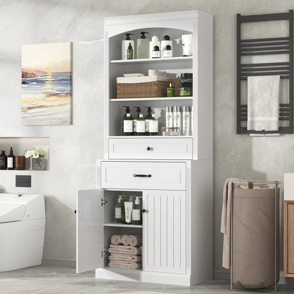 English Elm White Bathroom Storage Cabinet with Zinc Alloy Knobs, Adjustable Shelves, Smooth Drawers & Open Shelves for Organized, Durable MDF Storage (78.7" H) N725P252486K
