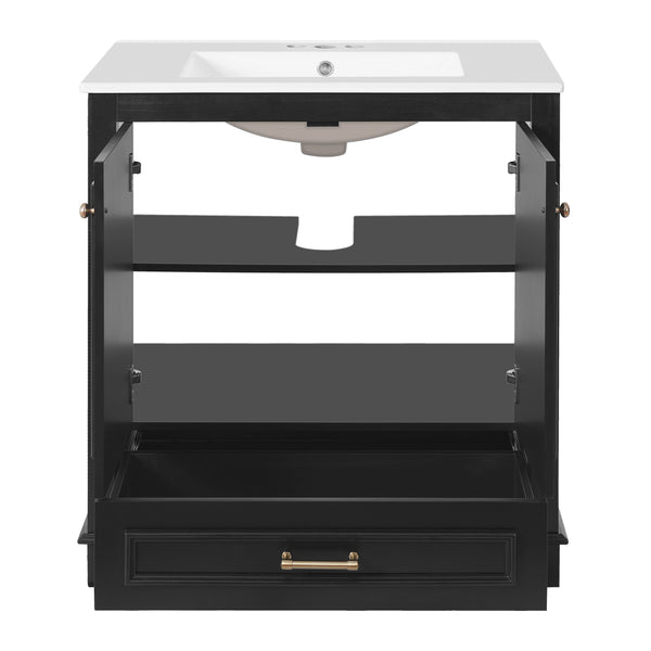 English Elm 30" Elegant Bathroom Vanity with Ceramic Sink, French-Inspired Compact Cabinet with Drawer & Shelf Black N710P317676B
