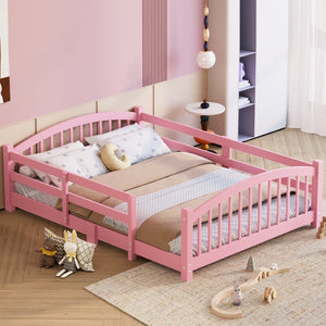 English Elm Full Montessori Pine Wood Floor Bed with Safety Rails Low Profile Kids Room Frame Pink N733P400299H
