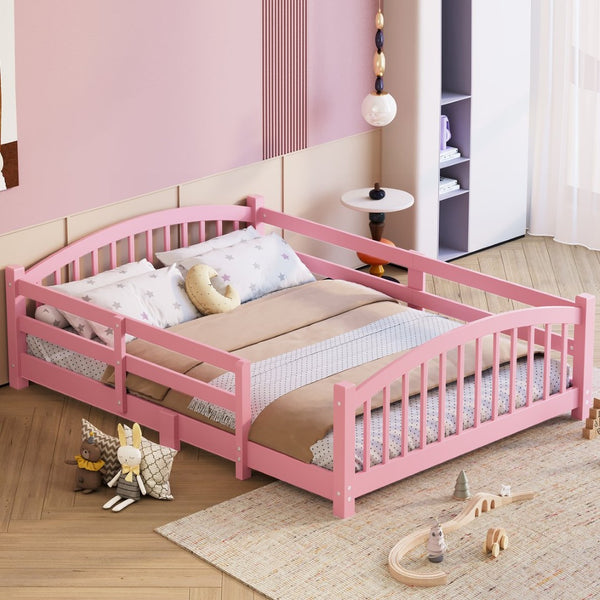 English Elm Full Montessori Pine Wood Floor Bed with Safety Rails Low Profile Kids Room Frame Pink N733P400299H