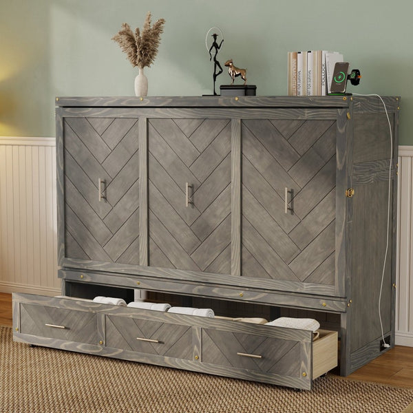 English Elm Queen Murphy Cabinet Bed Pine Wood Geometric Panel Antique Grey with Usb Charging W504S00302
