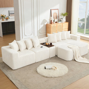 English Elm [new U-shaped Corduroy Sectional with Usb Charging Console and Movable Modules Beige W2108S00176