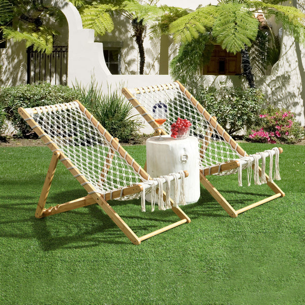 English Elm Set of 2 Handwoven Rope Patio Chairs in Natural Bamboo Finish, Adjustable Back, Durable Braided Craftsmanship W495P298242