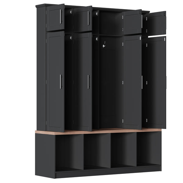 English Elm [Assembly Video] Farmhouse Hall Tree with Walnut Bench, 8-Door Shoe Cabinet, 4 Hooks & Open Storage Organizing Entryway Black N721S000059B