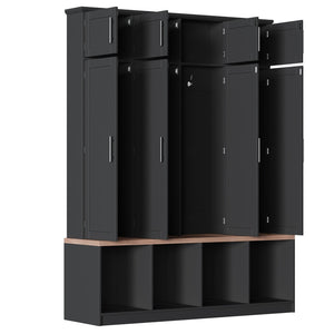 English Elm Farmhouse Hall Tree with Triple Arch Back Panel Eight Hooks Drawers and Entryway Bench Black N721S000059B-1