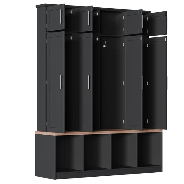 English Elm Farmhouse Hall Tree with Triple Arch Back Panel Eight Hooks Drawers and Entryway Bench Black N721S000059B-1