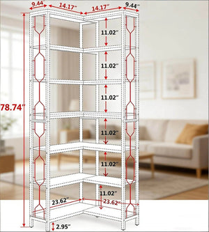 English Elm 78.7" Seven-tier Corner Bookshelf Industrial Metal and Mdf Frame Loft Display Unit T3971P418376