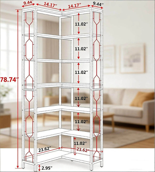 English Elm 78.7" Seven-tier Corner Bookshelf Industrial Metal and Mdf Frame Loft Display Unit T3971P418376