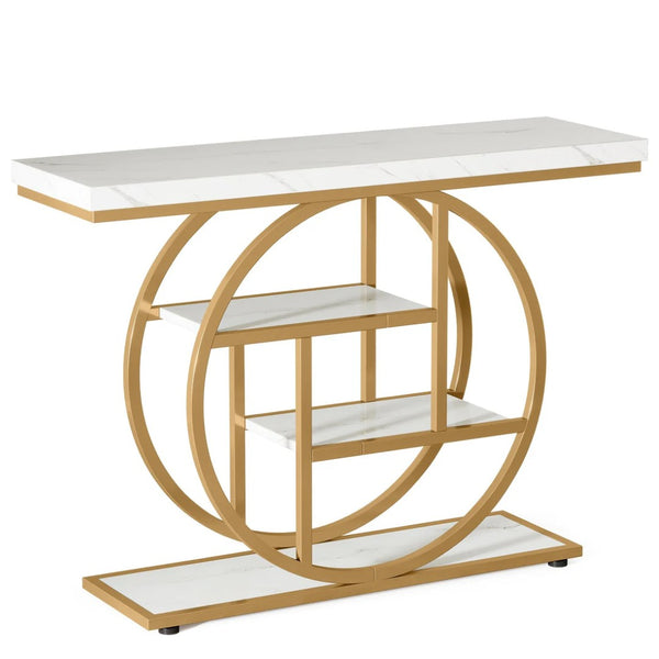 English Elm 41.3" Industrial 4-tier Narrow Console Table with Circular Metal Frame and Rustic Wood Shelves White+Gold T3971P418239
