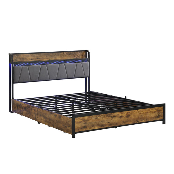English Elm King Storage Bed Frame with USB Outlets, RGB LED Headboard, 4 Rolling Drawers & Metal Slats, Black Brown Gray W2297P291441