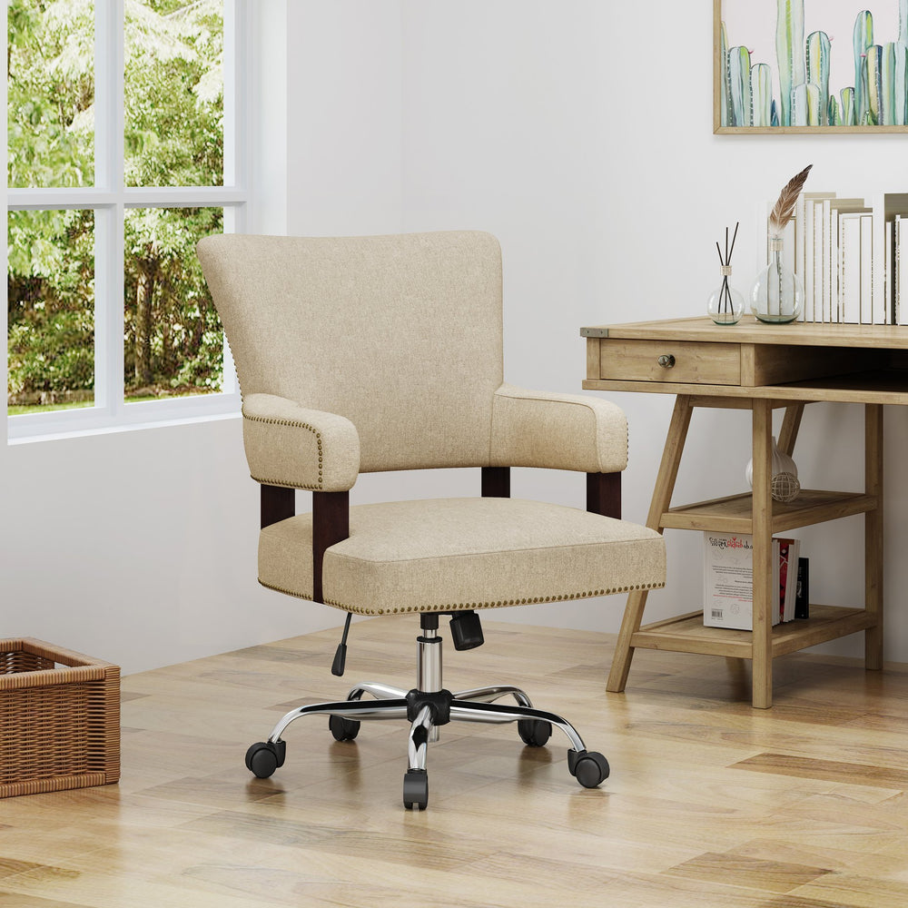 English Elm Christopher Knight Home® - OFFICE Chair Wheat Upholstered with Curved Arms, Chrome Base, Nailhead Trim & Openwork Backing — Stylish Ergonomic Accent 62216.00WHEAT