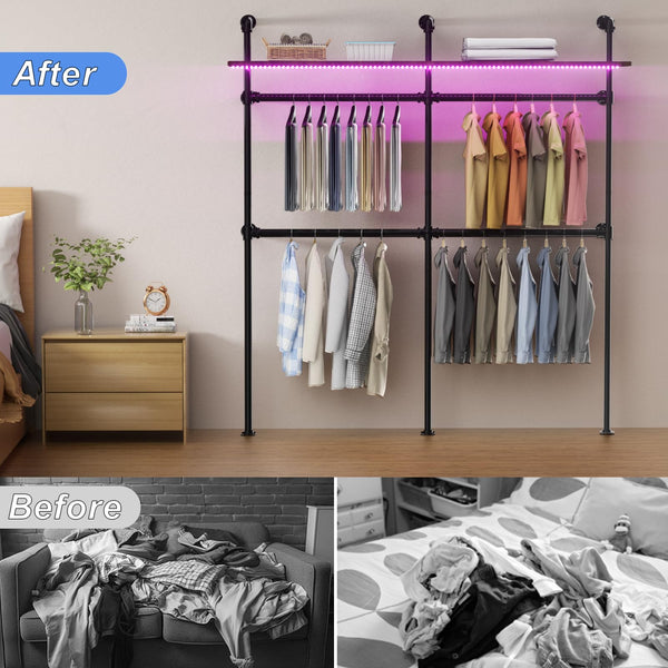 English Elm Industrial Pipe Clothing Rack With Led Lights - Heavy Duty Wall-Mounted Garment Storage Solution T3210P392613