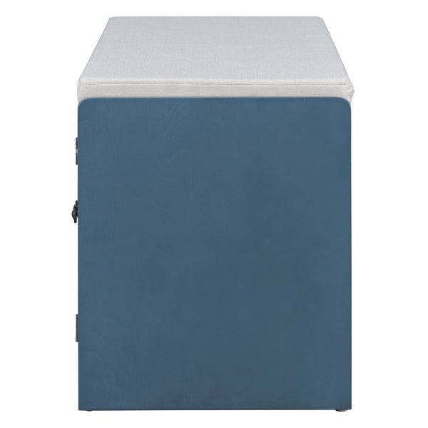 English Elm TREXM Rustic Storage Bench with Woven Rattan Doors, Removable Cushion & Adjustable Shelves for Entryway Home Organizing Antique Navy,Beige N715P308013M