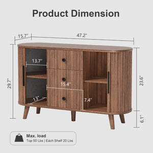 English Elm Sideboard Fluted Credenza with Three Drawers Two Doors Matte Black Modern Storage Walnut T3773P417317