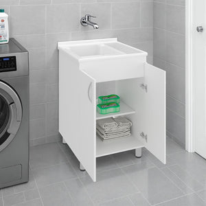 English Elm Dunn Freestanding Laundry Cabinet with Integrated Sink Two Shelves and White Finish B097S00268