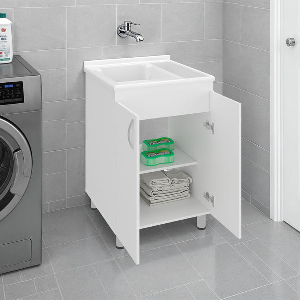 English Elm Dunn Freestanding Laundry Cabinet with Integrated Sink Two Shelves and White Finish B097S00268