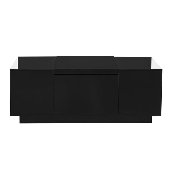 English Elm U-Can LED Coffee Table with Glass Top, 16-Color Bluetooth APP Lighting, Hidden Drawers & Open Storage Black N724P290056B