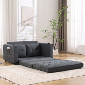 English Elm {VIDEO 3-in-1 Upholstered Futon Sofa Bed Convertible Loveseat with Tufted Back, Cup Holders & Side Pockets Dark Gray W2325P183181
