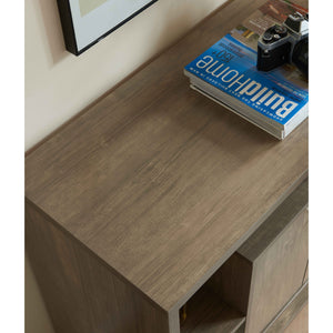 English Elm Compact mid-century display storage sideboard bookcase cabinet with two doors, four cubbies, raised wooden legs and metal knobs — versatile entryway organizer B107P320791