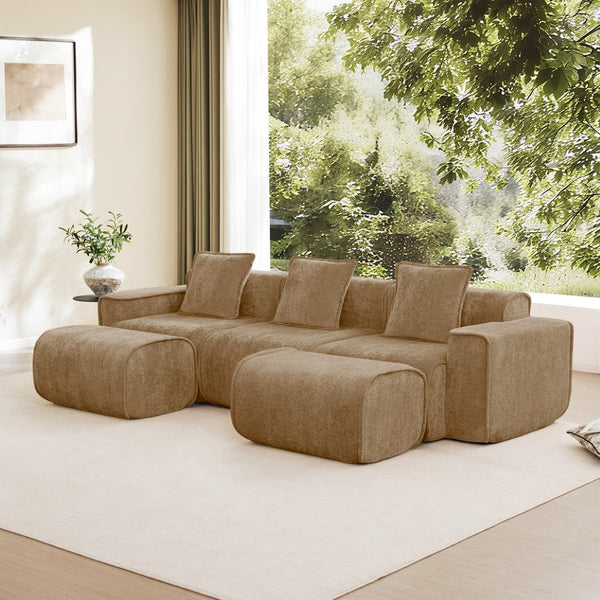 English Elm Streamlined Velvet U-shape Modular Sectional with Ottomans and French Piping Detail W3041S00374