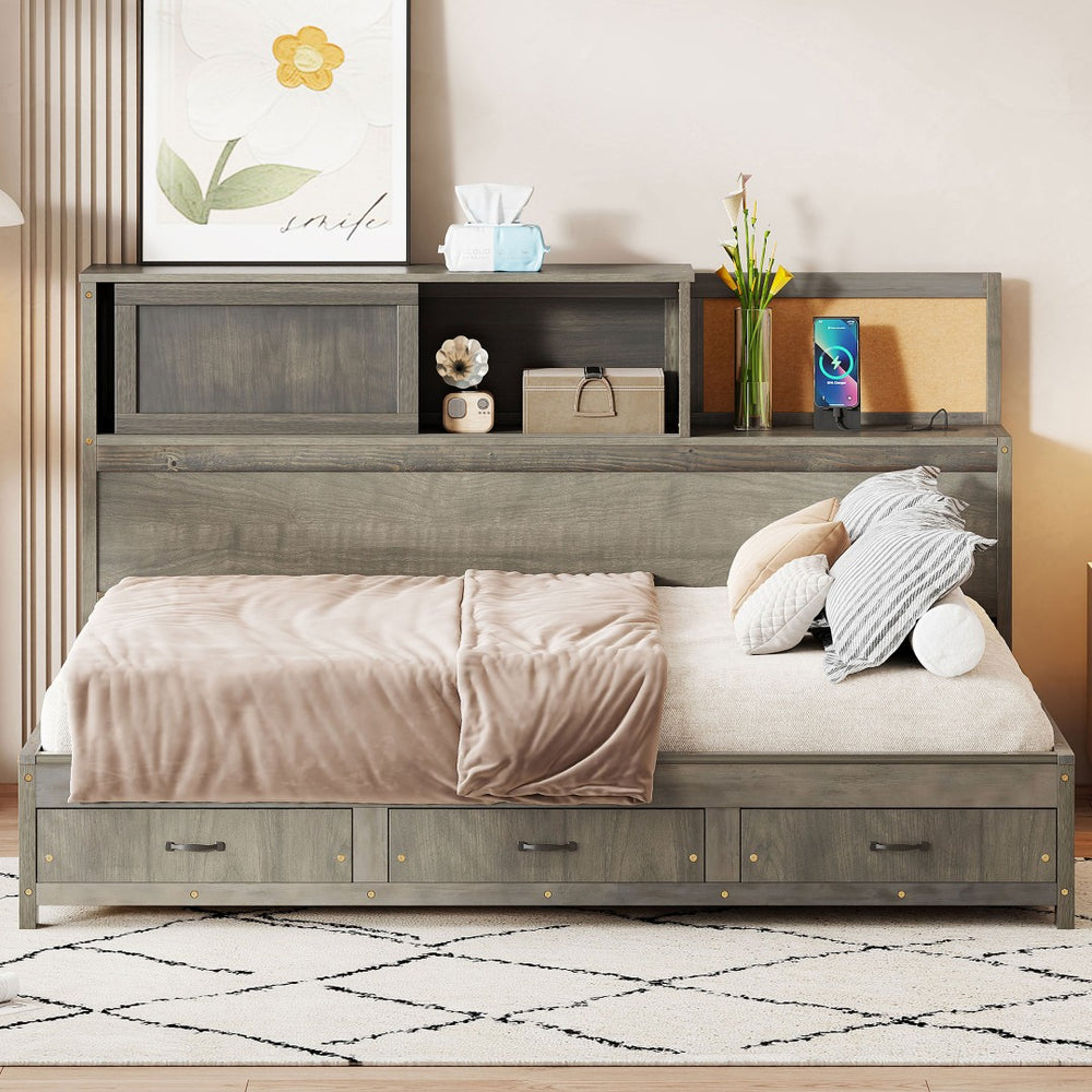 English Elm Full Size Gray Wood Daybed with Storage Drawers Shelf Usb Charging Upholstered Back LP002025AAE-1