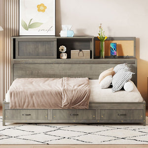 English Elm Full Size Gray Wood Daybed with Storage Drawers Shelf Usb Charging Upholstered Back LP002025AAE-1