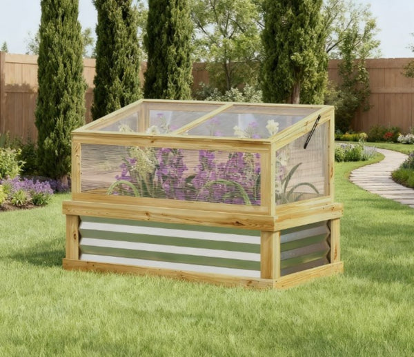 English Elm Raised Garden Bed with Cold Frame Greenhouse Fir Wood and Galvanized Steel Kit T3971P422197