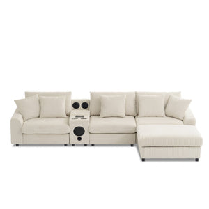 English Elm 114*64'' Corduroy Cloud Sectional with Bluetooth Speakers Usb Charging Ottoman Lounge Sofa N723S9756A