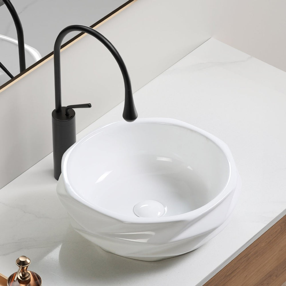 English Elm Round Diamond Quilted Ceramic Vessel Sink Gloss White Basin for Powder Rooms W3402P351192