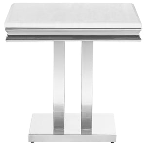 English Elm Durante White & Chrome U-Shaped End Table – Elegant Faux Marble Square Design For Modern Spaces B062S00723