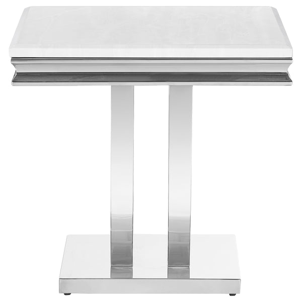 English Elm Durante White & Chrome U-Shaped End Table – Elegant Faux Marble Square Design For Modern Spaces B062S00723