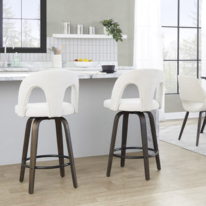 English Elm Fixed-height Swivel Counterstools with Bentwood Legs and Padded White Seats Set of 2 B202S01786
