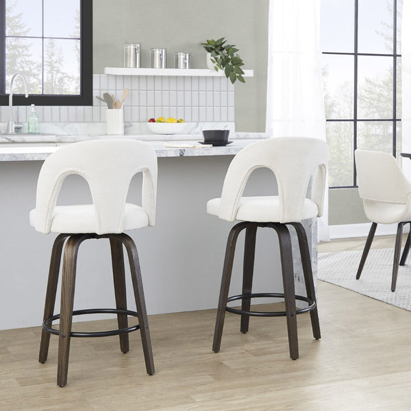 English Elm Fixed-height Swivel Counterstools with Bentwood Legs and Padded White Seats Set of 2 B202S01786