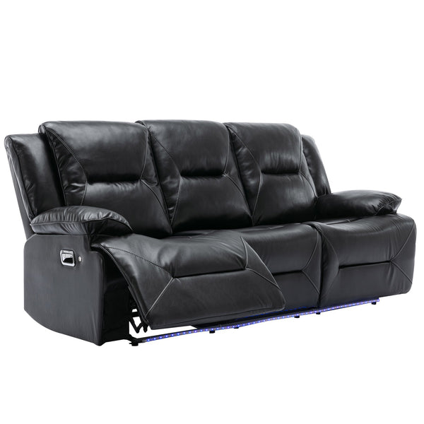 English Elm 3 Seater Home Theater Recliner with LED Accent Strip, Dual Cup Holders, Gel Leather Comfort Luxury Black WF323623AAB