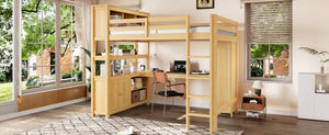 English Elm Full Size Pine Loft Bed House Frame with Slide Bookshelves and Moon Star Rails W1580S00163