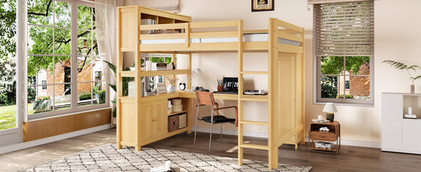 English Elm Full Size Pine Loft Bed House Frame with Slide Bookshelves and Moon Star Rails W1580S00163