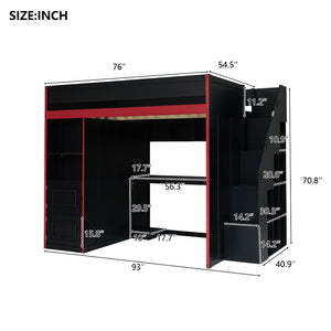 English Elm Gaming Full Loft Bed with Built-in Desk Led Lights and Storage for Teen Rooms N709P004103J