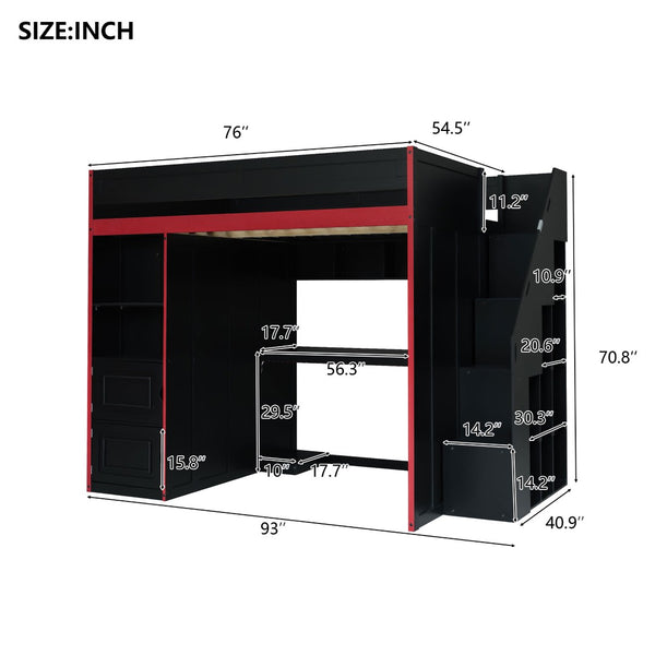 English Elm Gaming Full Loft Bed with Built-in Desk Led Lights and Storage for Teen Rooms N709P004103J