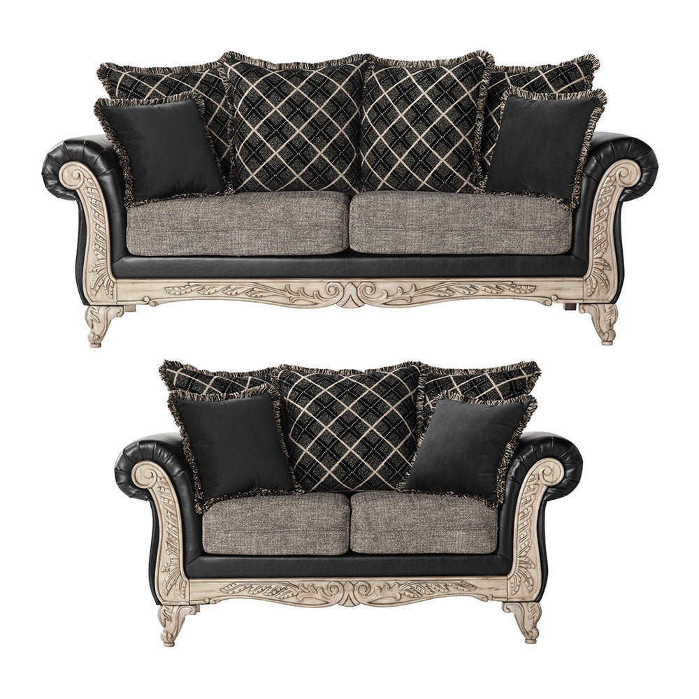 English Elm San Marino 2-Tone Fabric Wooden Frame Loveseat with Carved Wood Trim, Ebony Bi-Cast & Check Accent Pillows T2574P198796