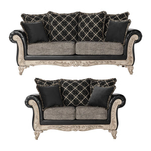 English Elm San Marino 2-Tone Fabric Wooden Frame Loveseat with Carved Wood Trim, Ebony Bi-Cast & Check Accent Pillows T2574P198796