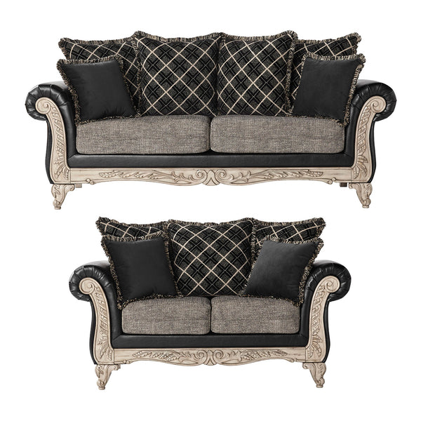 English Elm San Marino 2-Tone Fabric Wooden Frame Loveseat with Carved Wood Trim, Ebony Bi-Cast & Check Accent Pillows T2574P198796