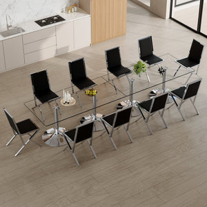 English Elm Table and Chair Set 10 Seat Tempered Glass Dining with Silver Metal Frames Black+Silver W1151S04769